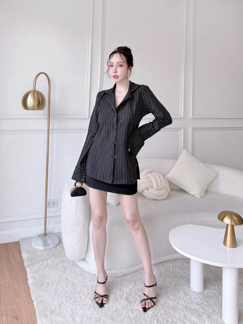 Stripes Collar Fitted Shirts With Skirts